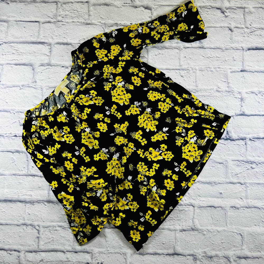 Michael Kors Womens Black Yellow Floral Bell Sleeve Blouse Shirt Small